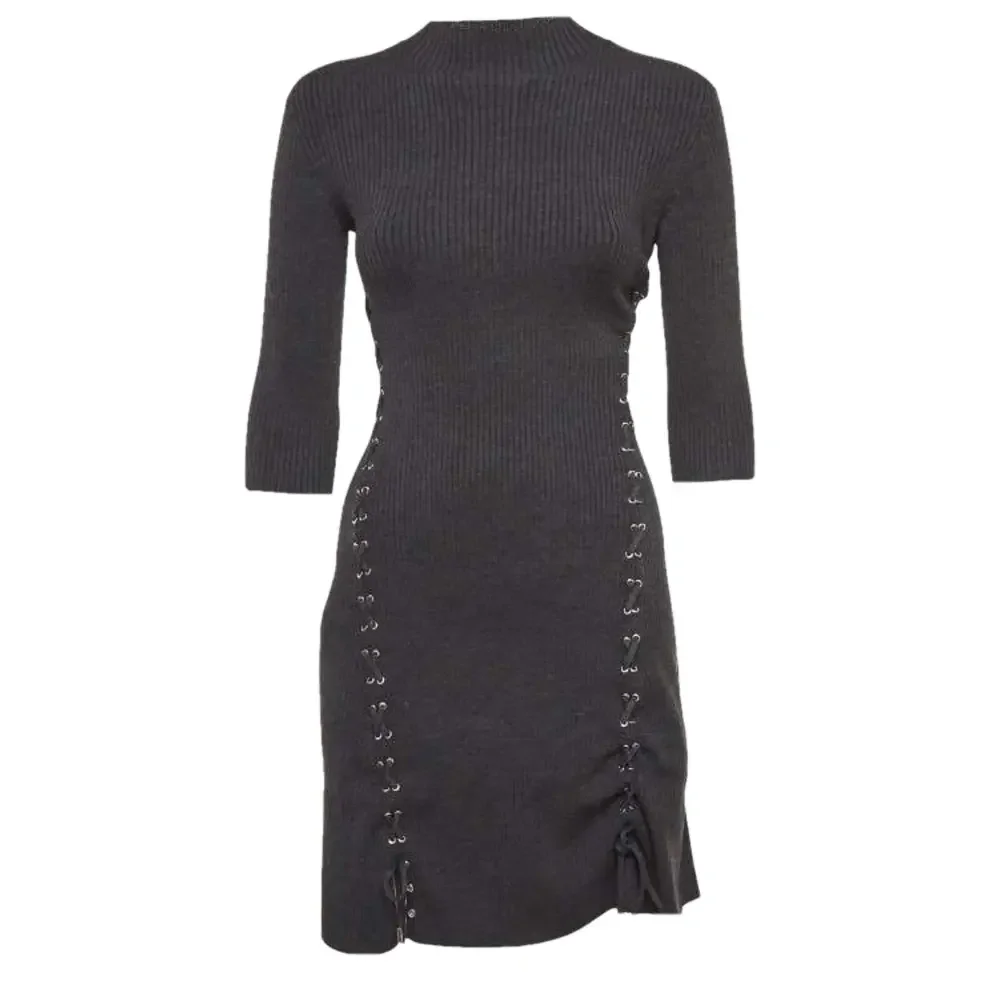 Maje Ribbed Knit Midi Dress Grey Acrylic Lace Eyelet Detail Three Quarter Sleeve